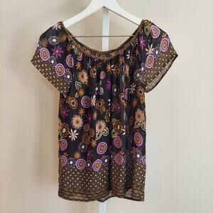 Anthropologie Fei Silk Blouse‎ Top Size XS Floral Fairy Sheer Short Sleeve Boho